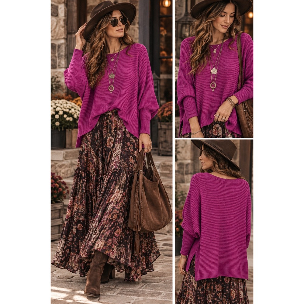 Rachel Zoe Magenta Ribbed Dolman Sweater XL Elevated Boho Lagenlook Oversized